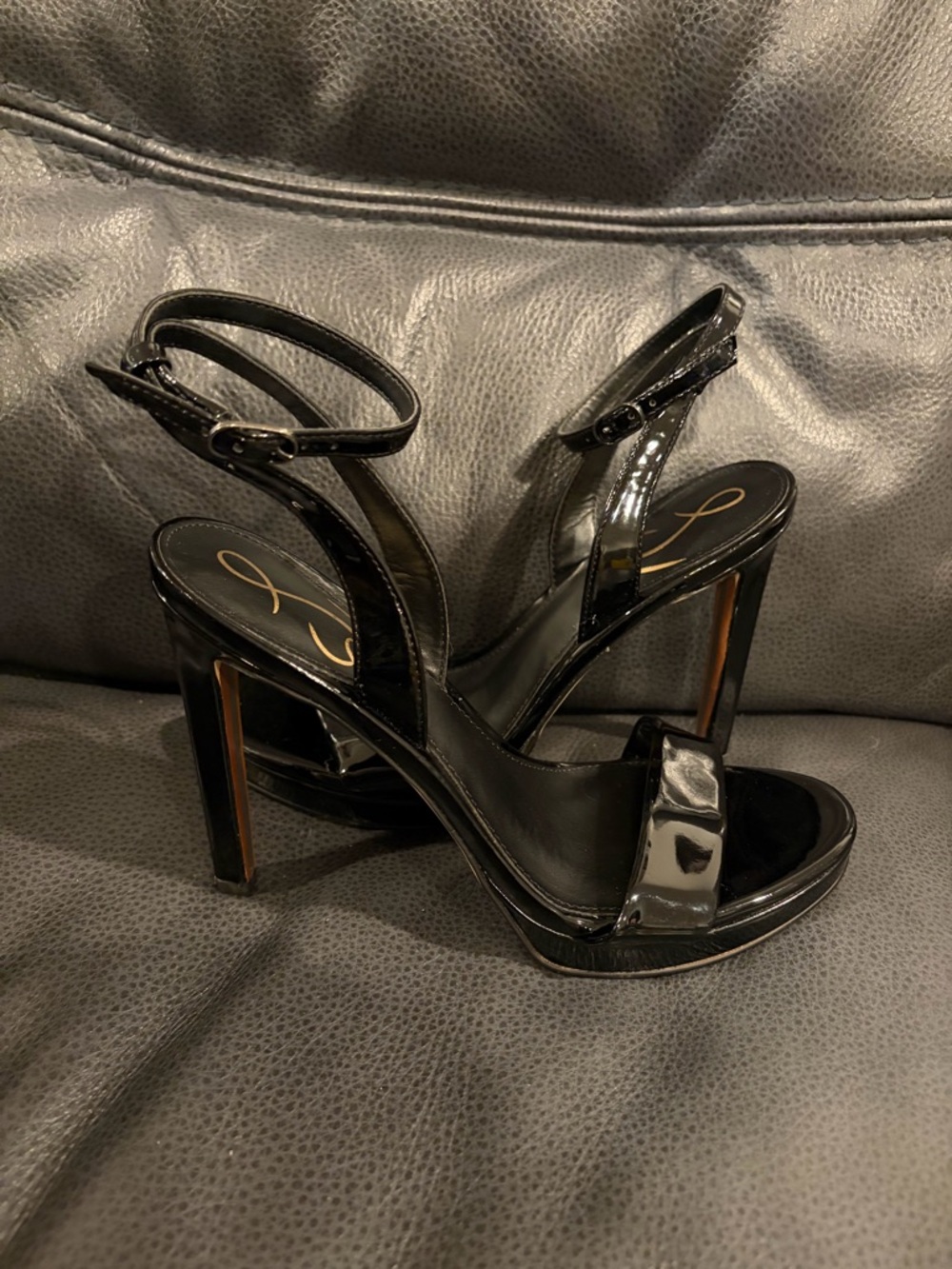 Sam Edelman Black Patent High Heel Ankle-Strap Sandals
